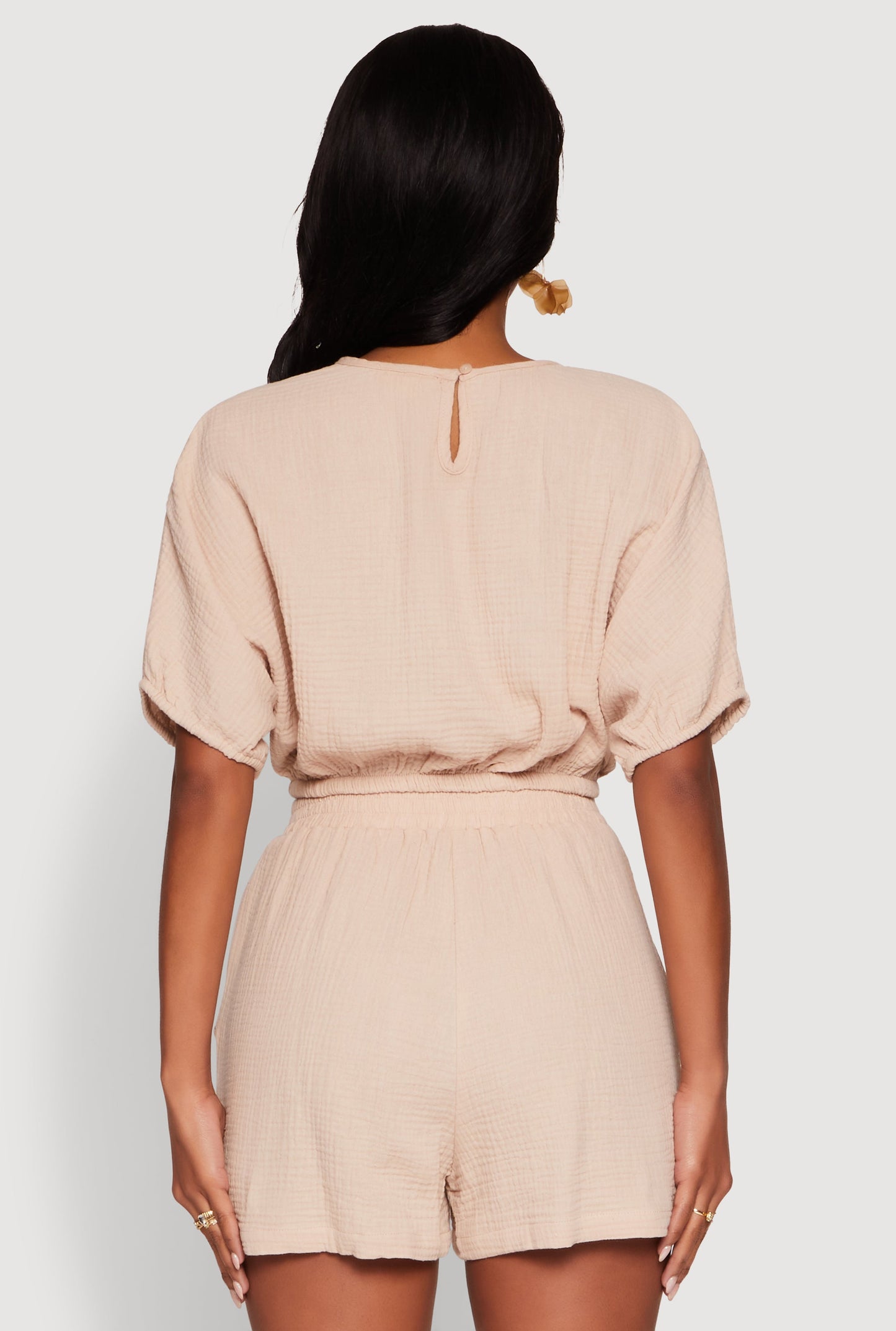 Chic Gauze Knit Crew Neck Cropped Blouse with Dolman Sleeves