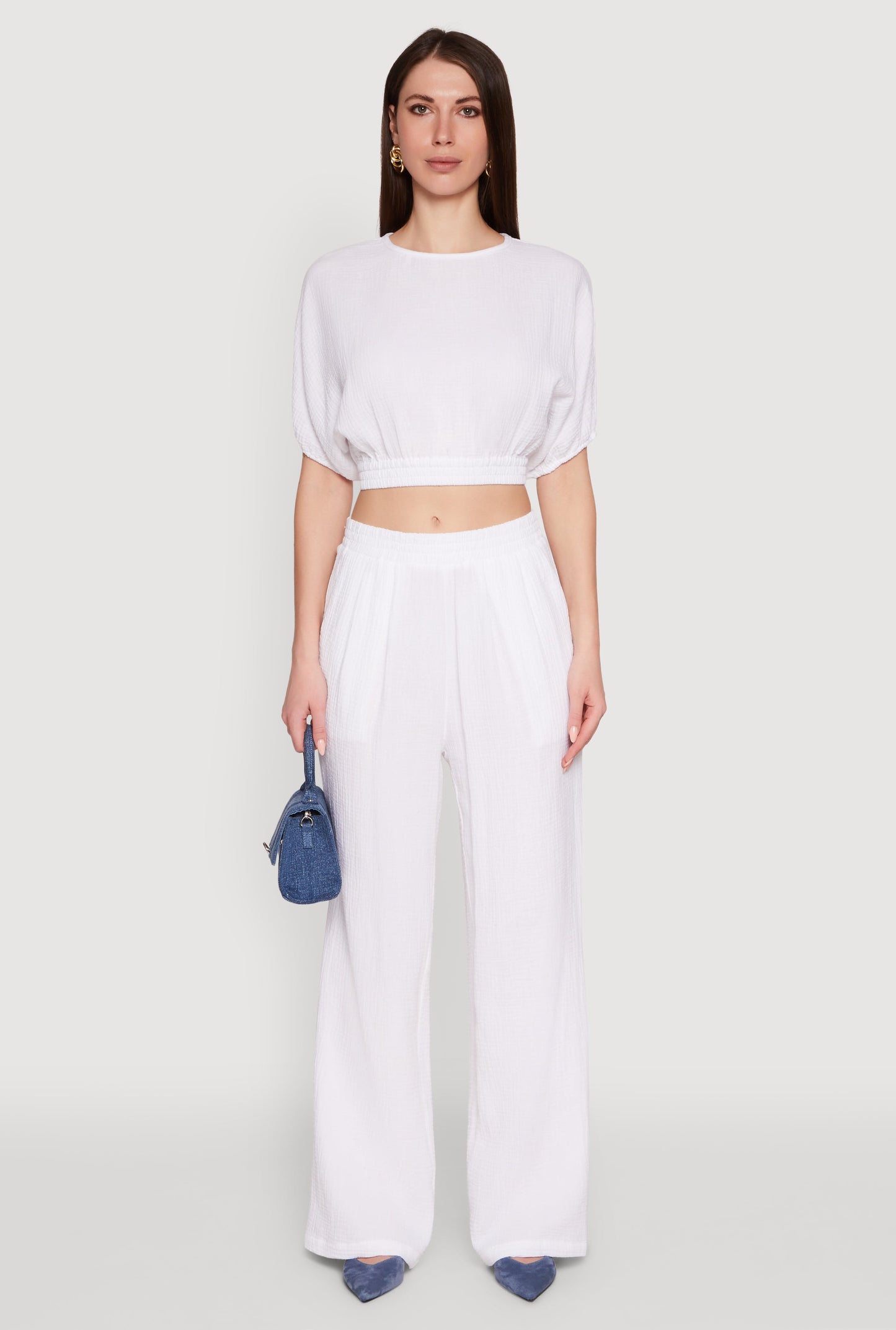Chic Gauze Knit Crew Neck Cropped Blouse with Bubble Sleeves