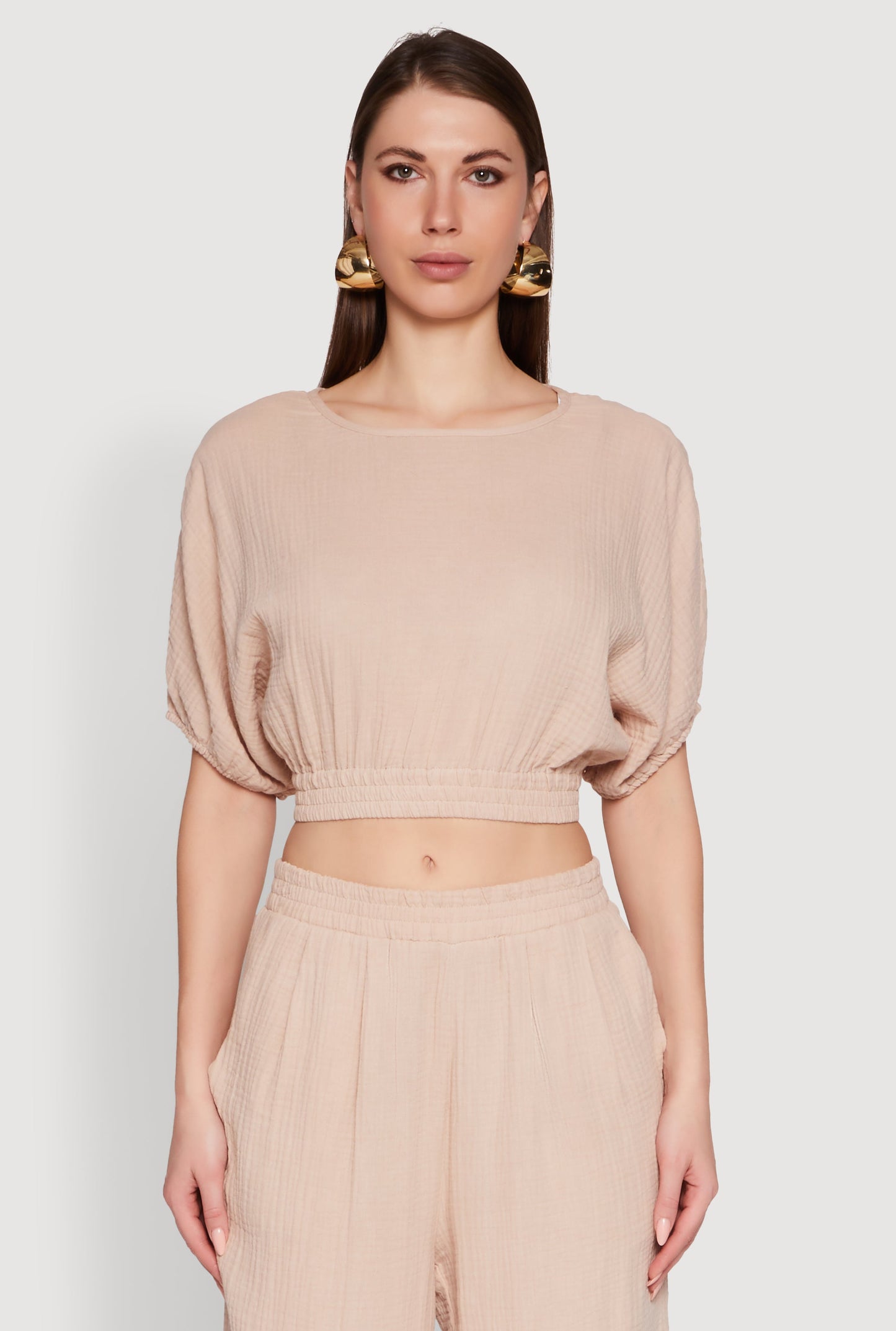 Chic Gauze Knit Crew Neck Cropped Blouse with Bubble Sleeves