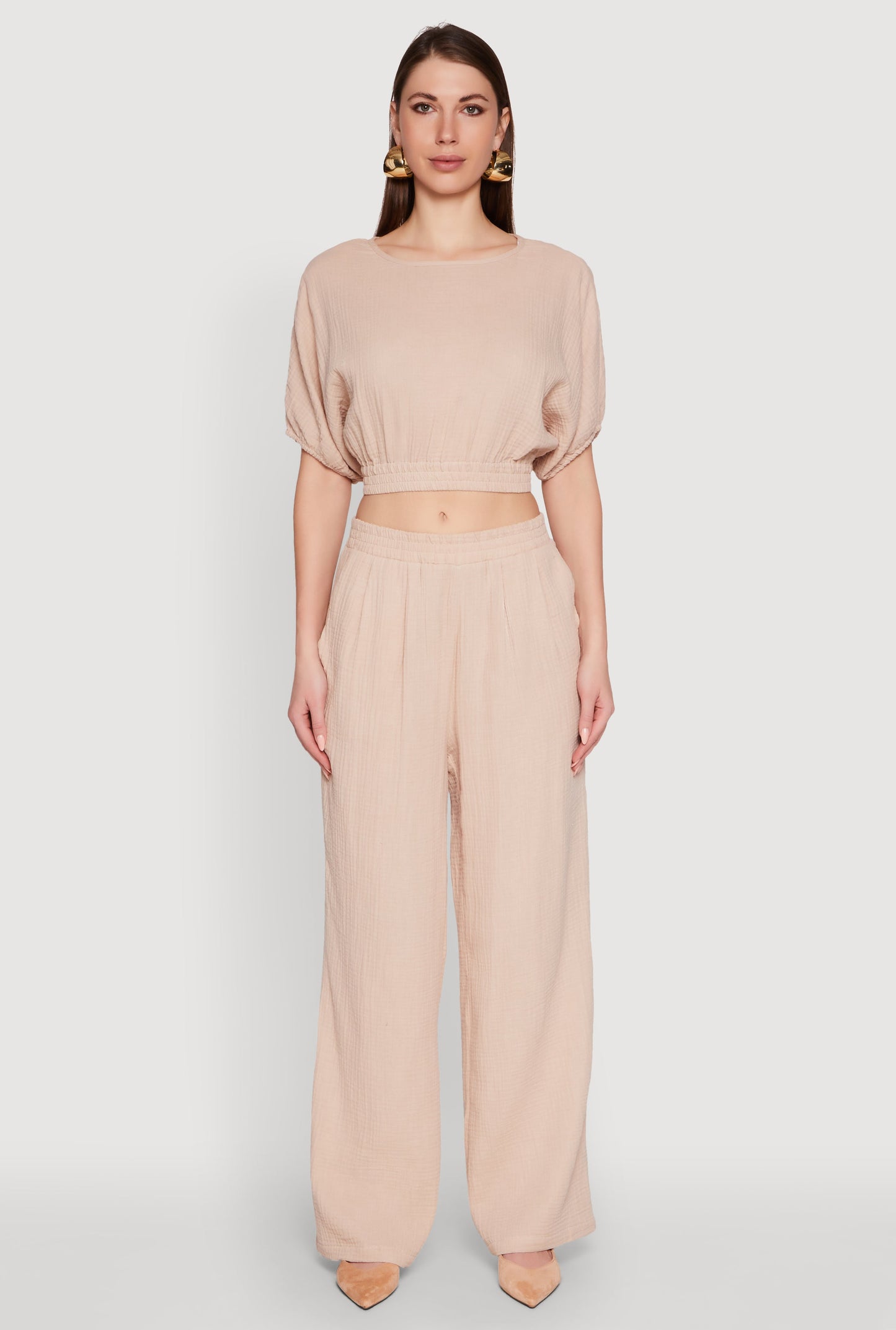 Chic Gauze Knit Crew Neck Cropped Blouse with Bubble Sleeves