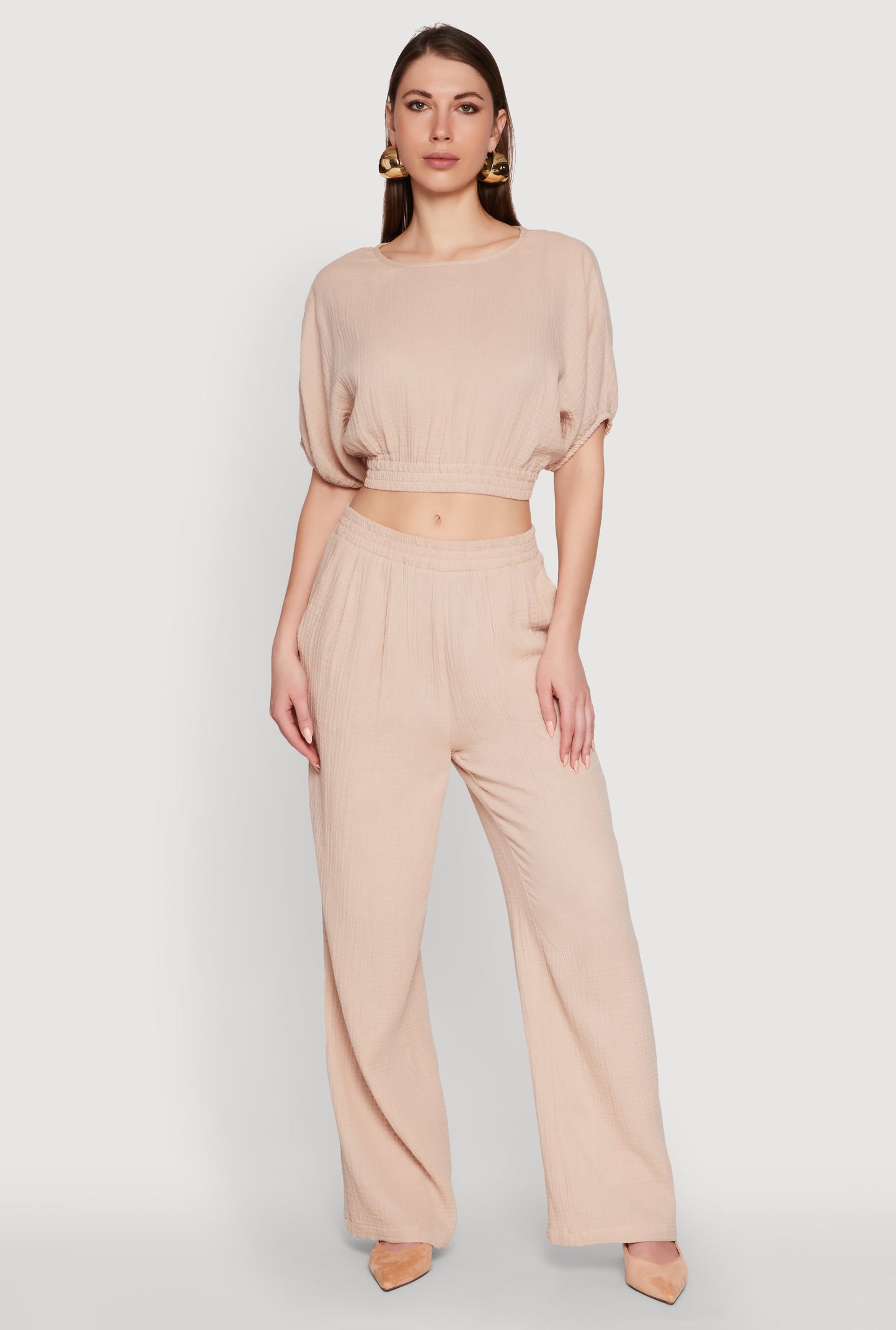 Chic Gauze Knit Crew Neck Cropped Blouse with Bubble Sleeves