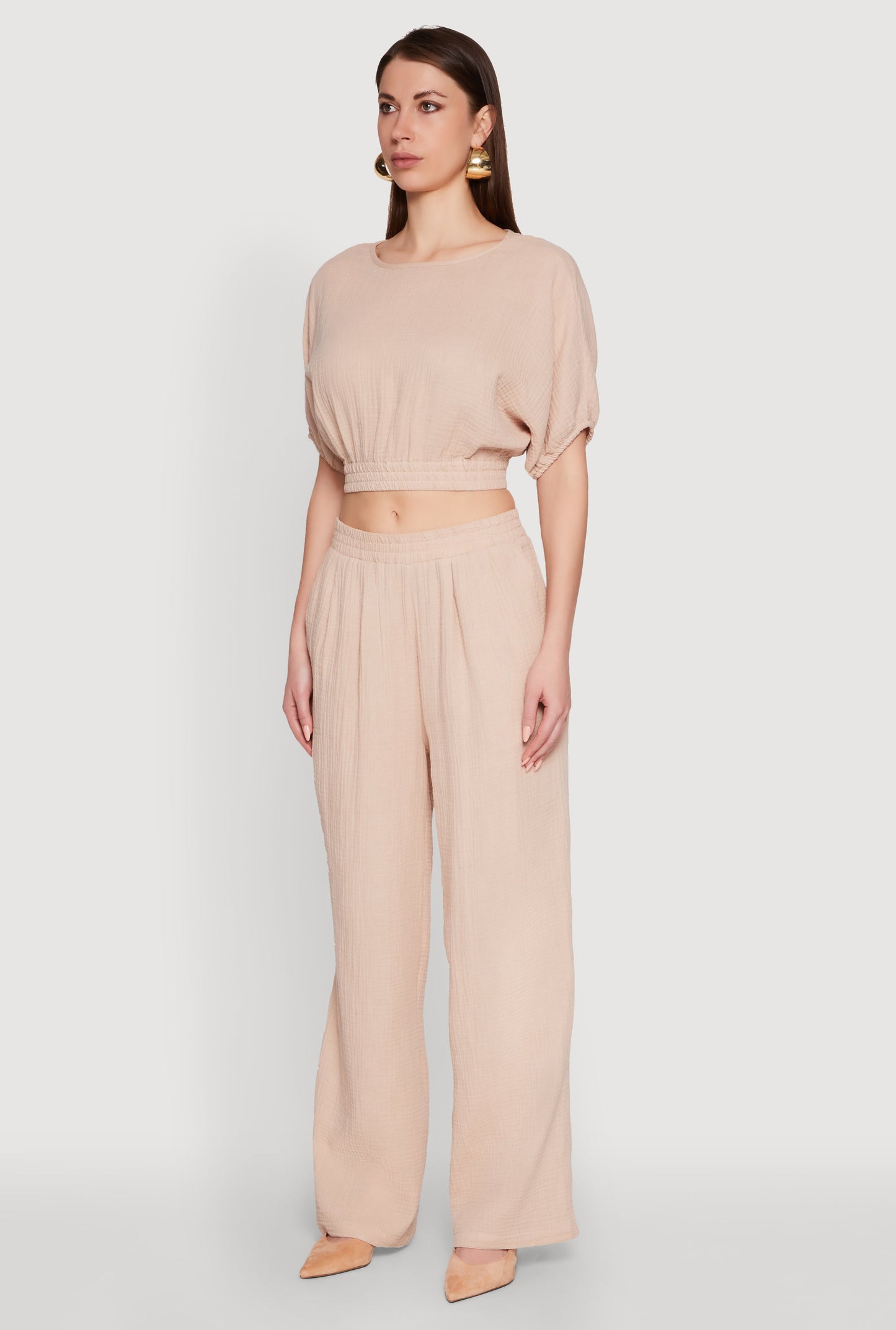Chic Gauze Knit Crew Neck Cropped Blouse with Bubble Sleeves