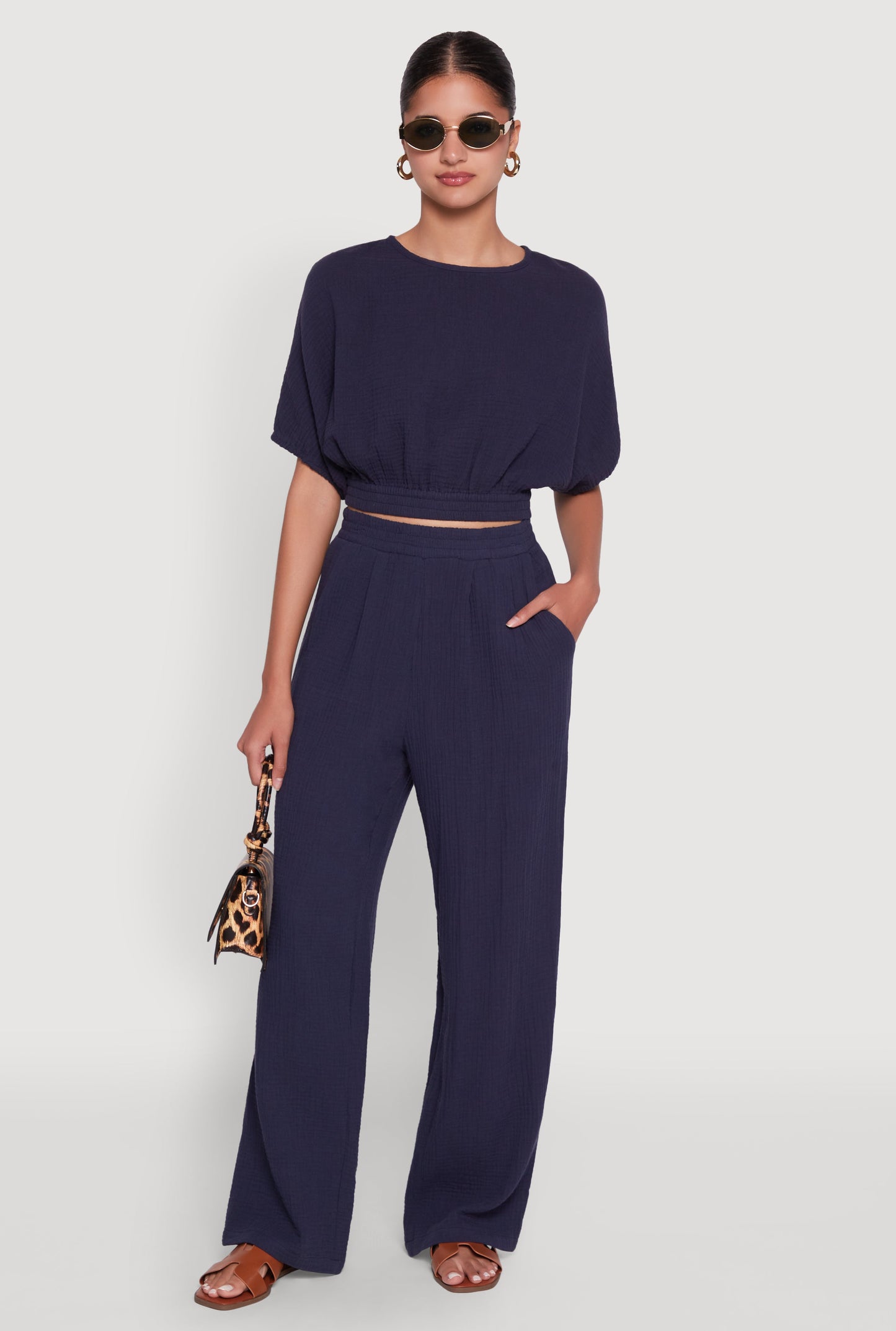 Chic Gauze Knit Crew Neck Cropped Blouse with Bubble Sleeves
