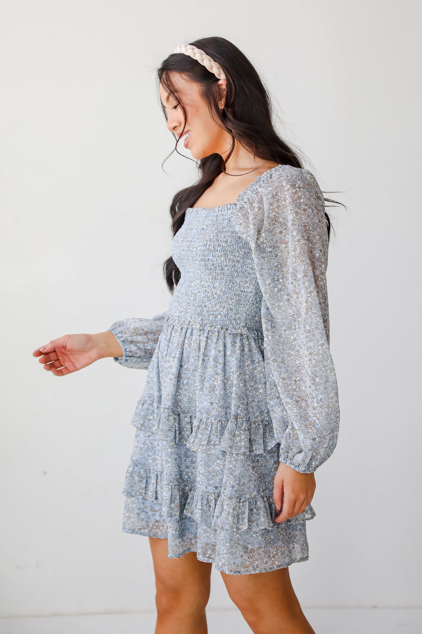 FINAL SALE - Modern Romantic Light Blue Floral Smocked Mini Dress