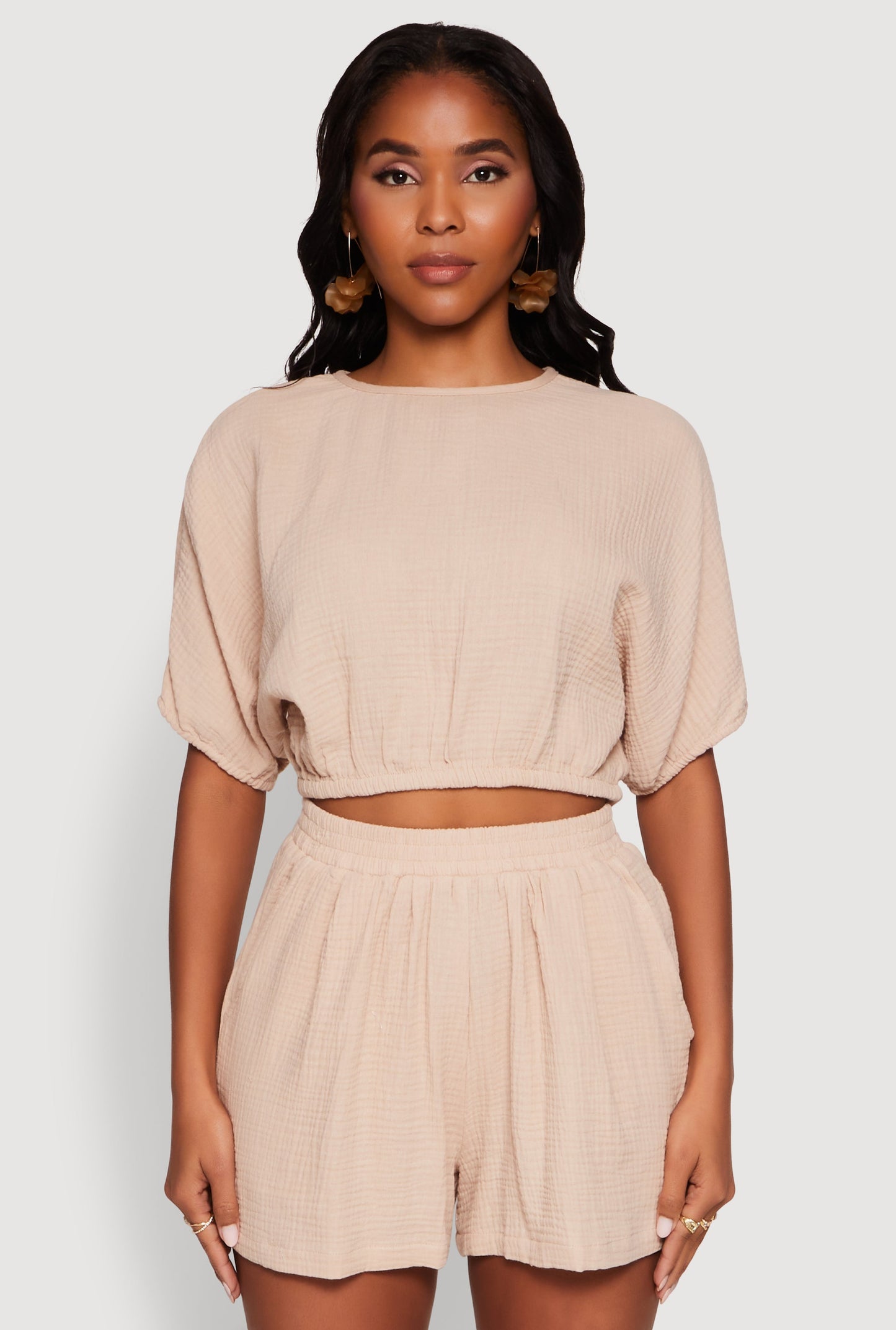 Chic Gauze Knit Crew Neck Cropped Blouse with Dolman Sleeves