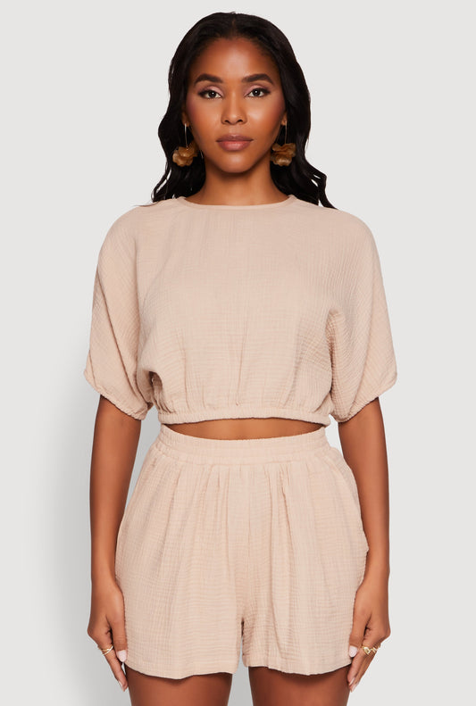 Chic Gauze Knit Crew Neck Cropped Blouse with Dolman Sleeves
