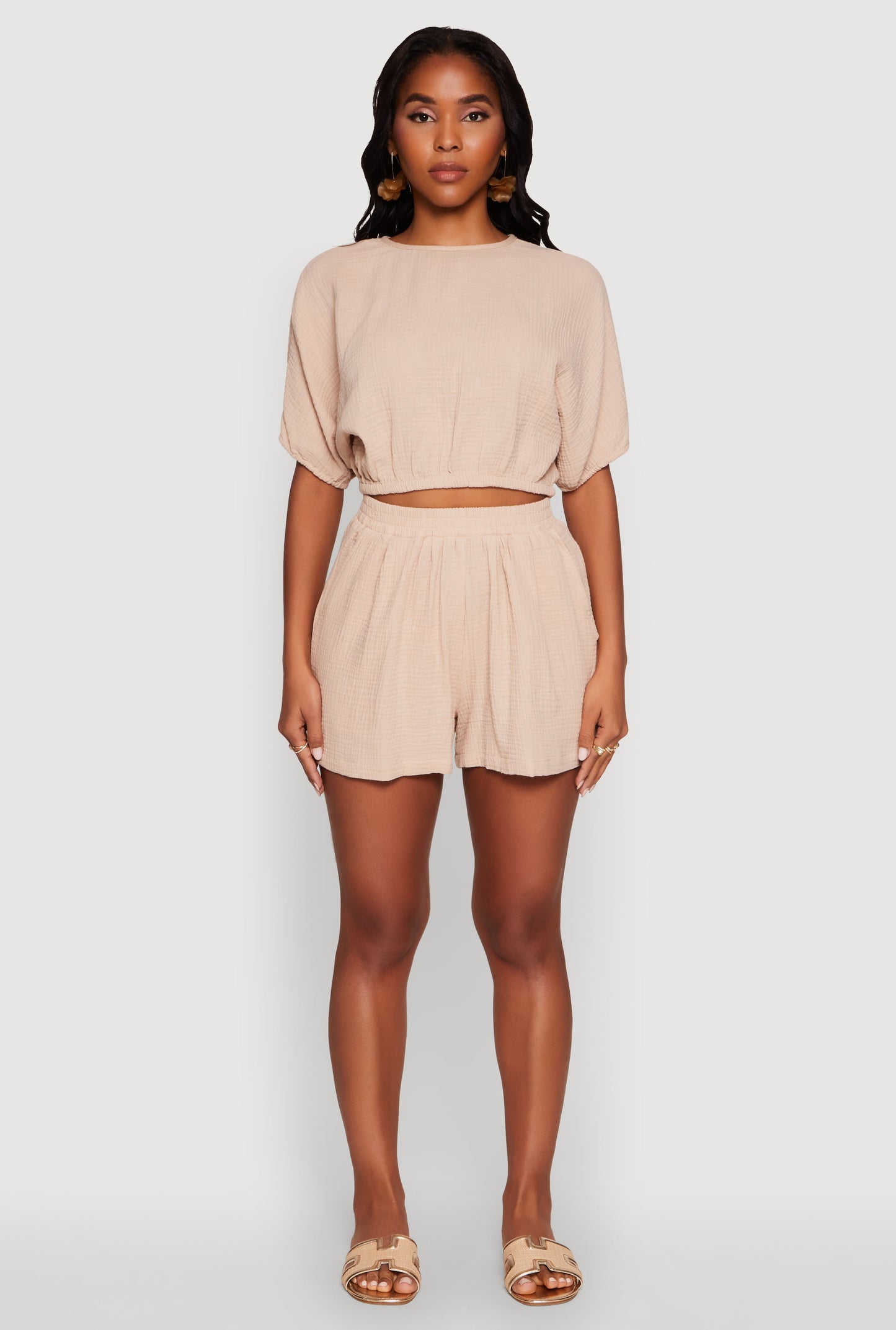 Chic Gauze Knit Crew Neck Cropped Blouse with Dolman Sleeves