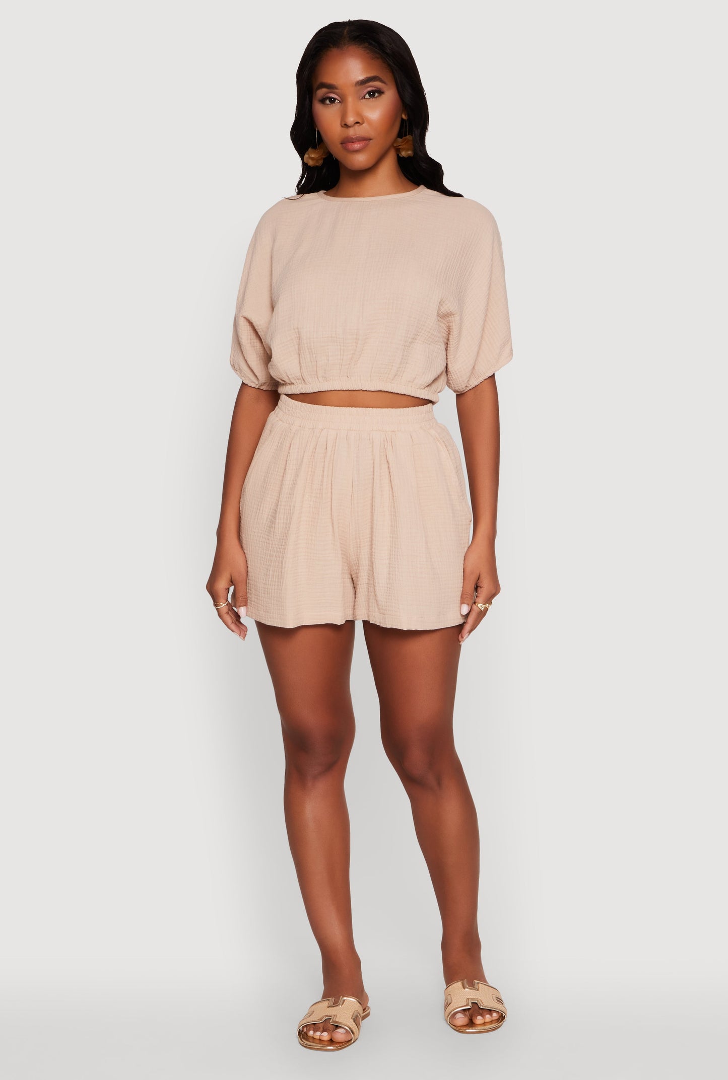 Chic Gauze Knit Crew Neck Cropped Blouse with Dolman Sleeves