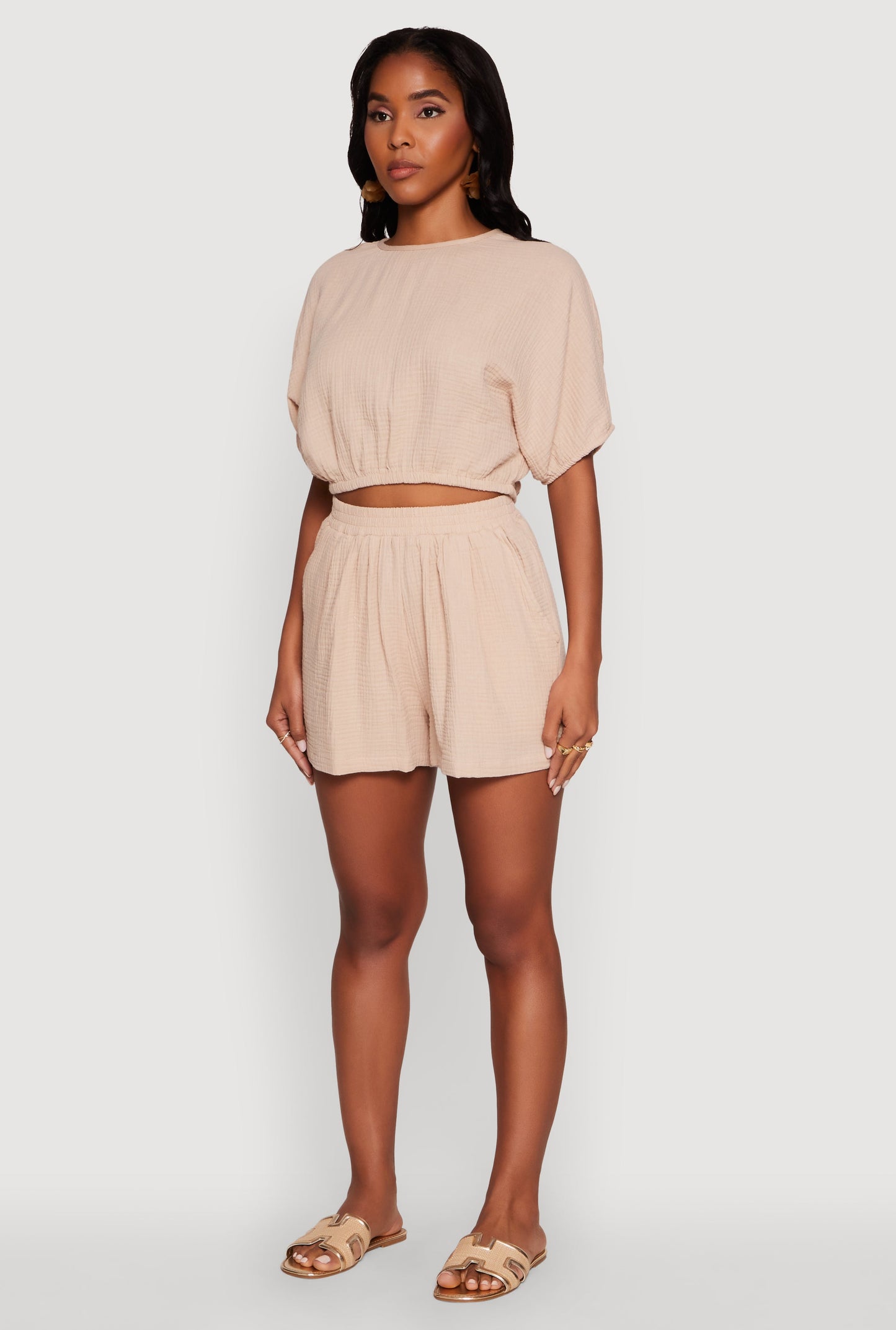 Chic Gauze Knit Crew Neck Cropped Blouse with Dolman Sleeves