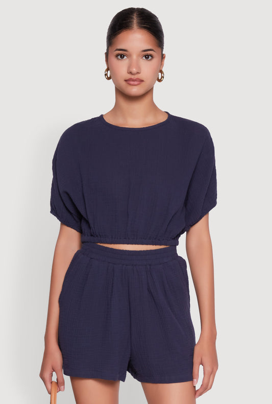 Chic Gauze Knit Crew Neck Cropped Blouse with Dolman Sleeves