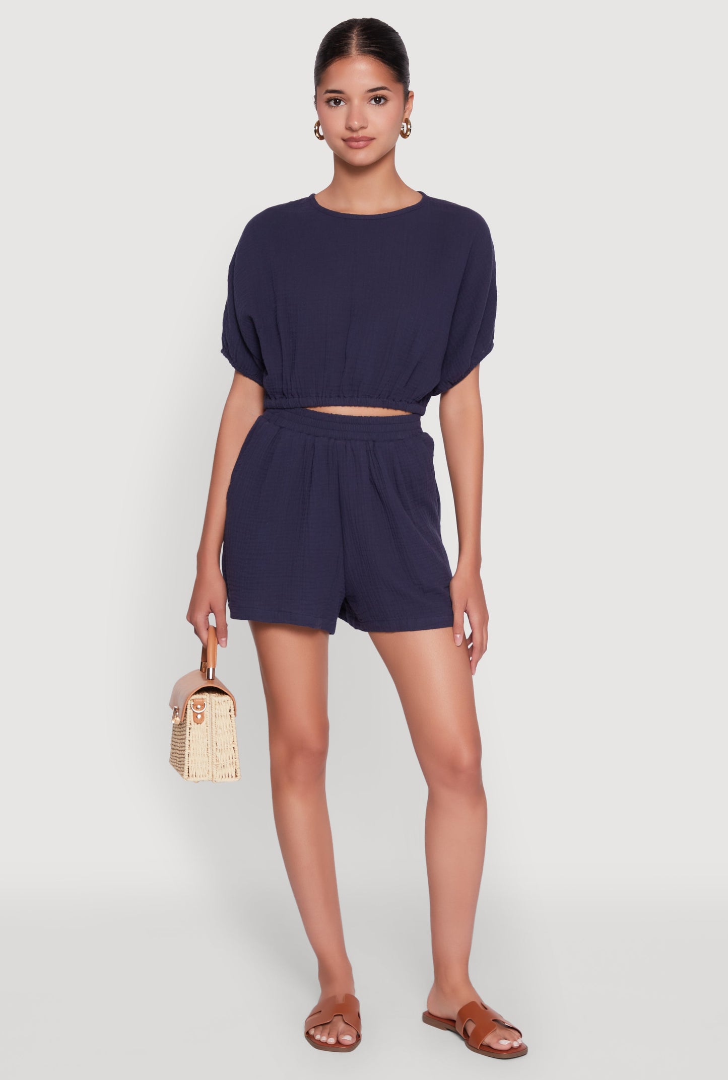 Chic Gauze Knit Crew Neck Cropped Blouse with Dolman Sleeves