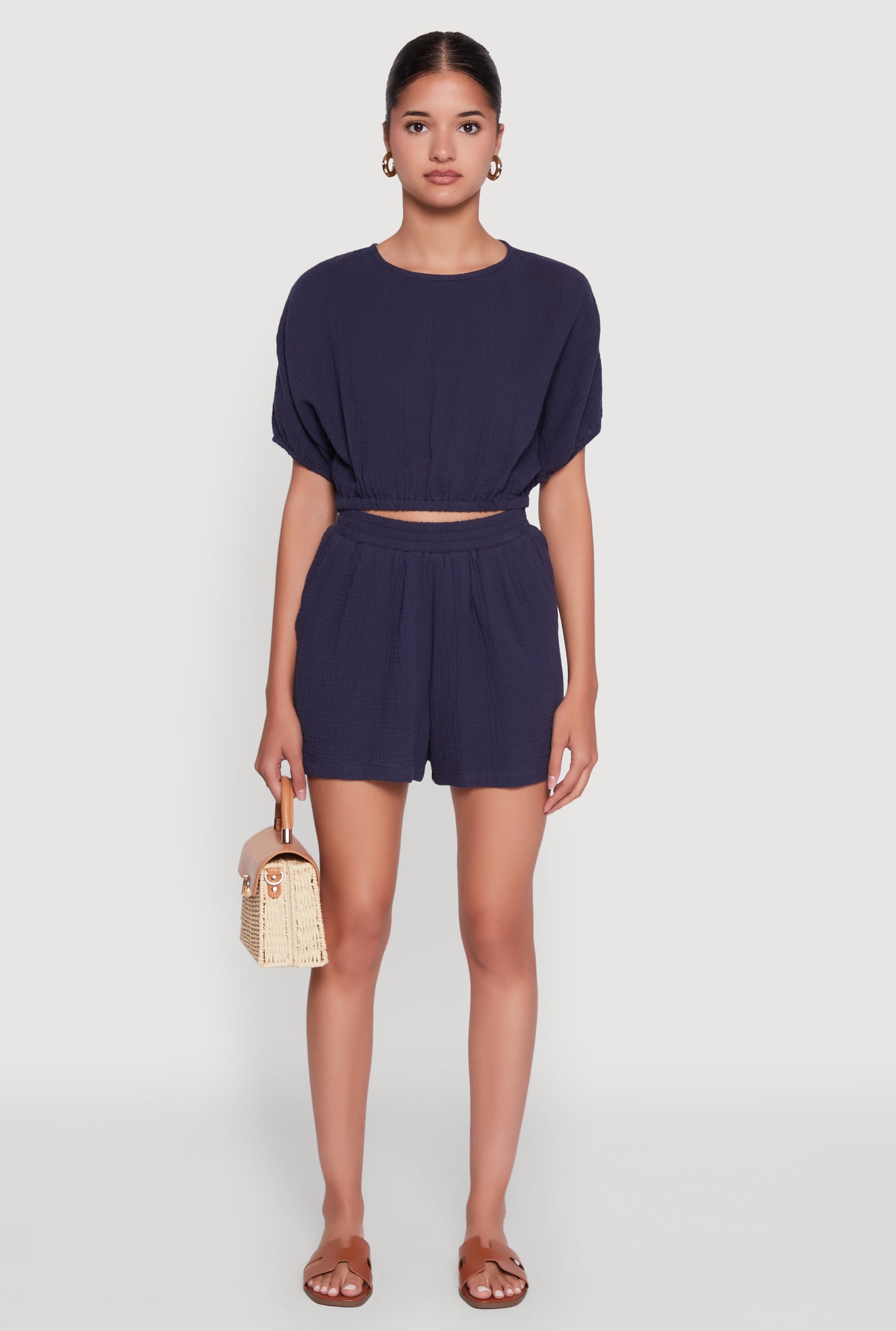 Chic Gauze Knit Crew Neck Cropped Blouse with Dolman Sleeves