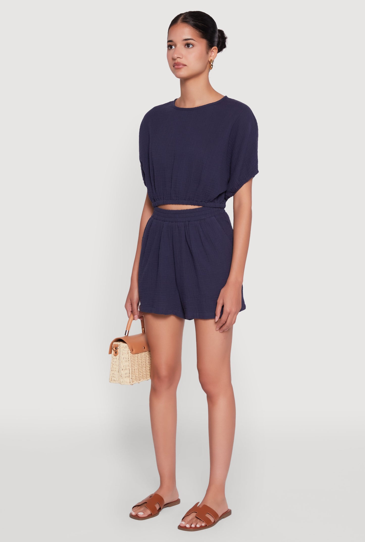 Chic Gauze Knit Crew Neck Cropped Blouse with Dolman Sleeves