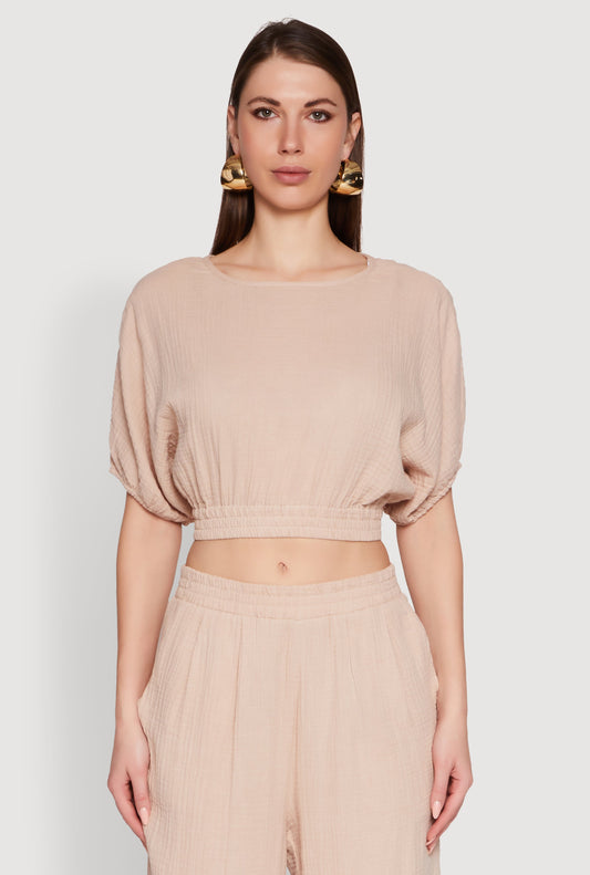 Chic Gauze Knit Crew Neck Cropped Blouse with Bubble Sleeves
