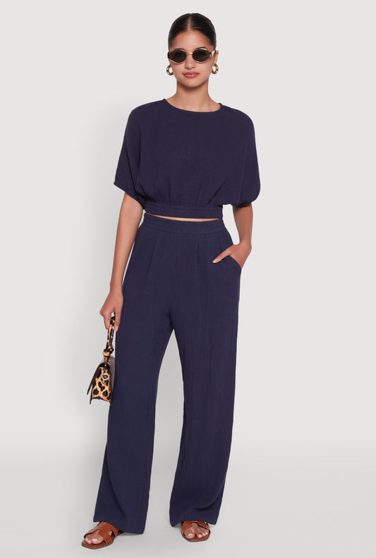 Chic Gauze Knit Crew Neck Cropped Blouse with Bubble Sleeves