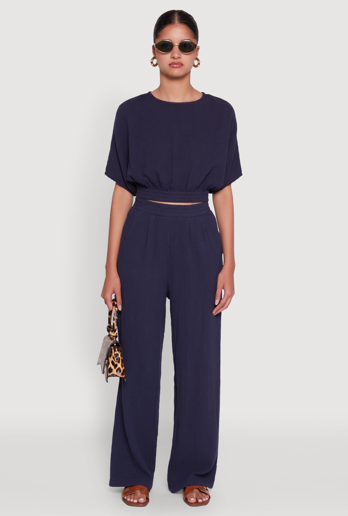 Chic Gauze Knit Crew Neck Cropped Blouse with Bubble Sleeves