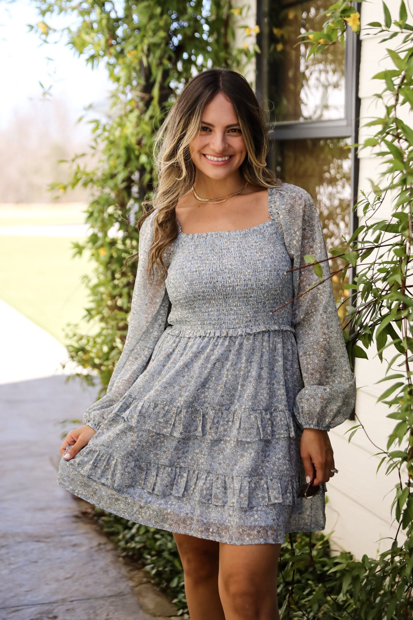 FINAL SALE - Modern Romantic Light Blue Floral Smocked Mini Dress