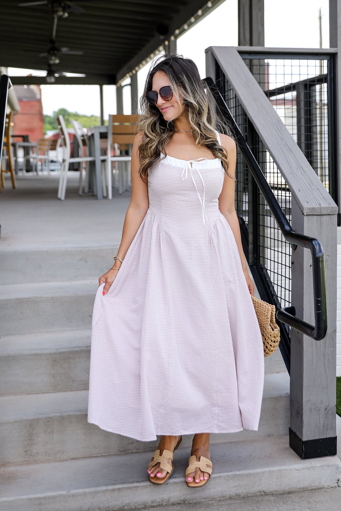 FINAL SALE - Sunny Day Classic Taupe Gingham Midi Dress