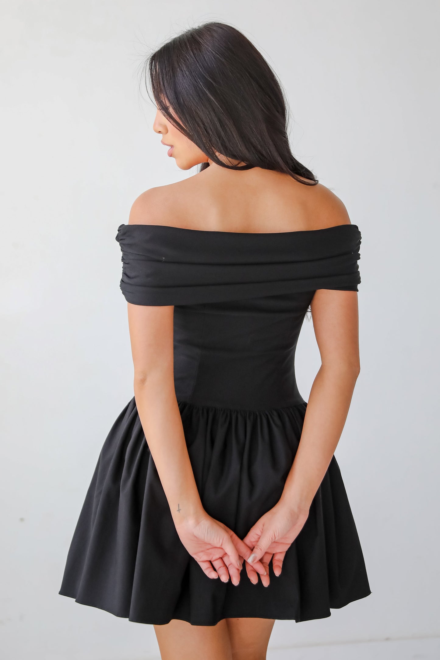 FINAL SALE - Unbelievably Lovely Black Off-The-Shoulder Mini Dress