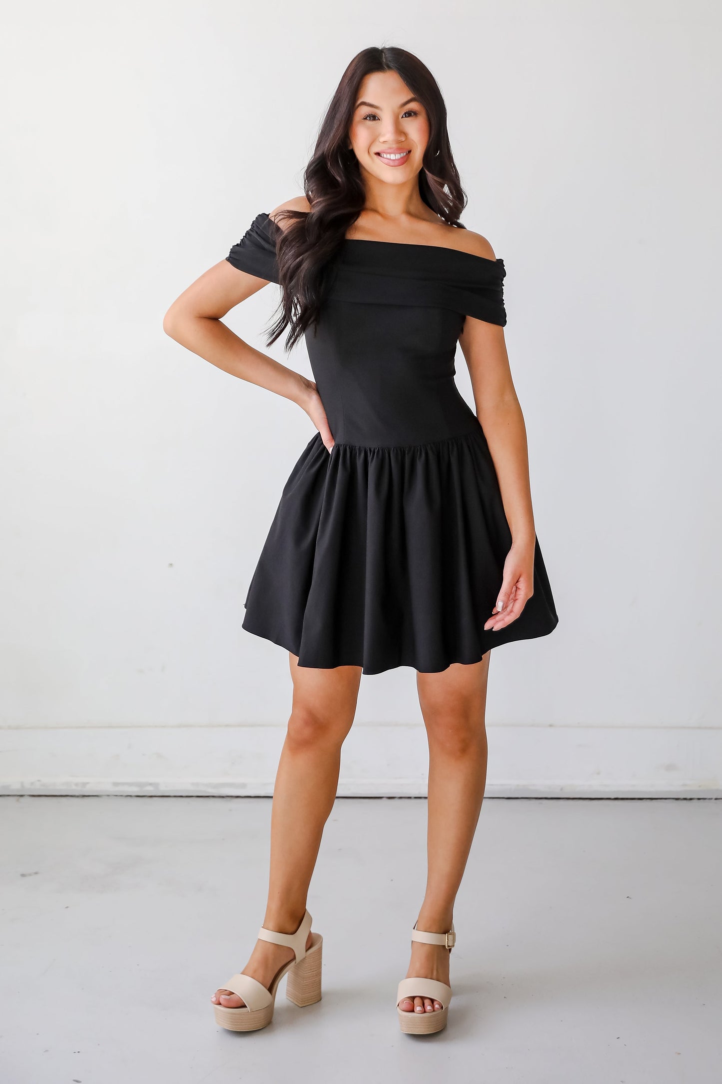 FINAL SALE - Unbelievably Lovely Black Off-The-Shoulder Mini Dress