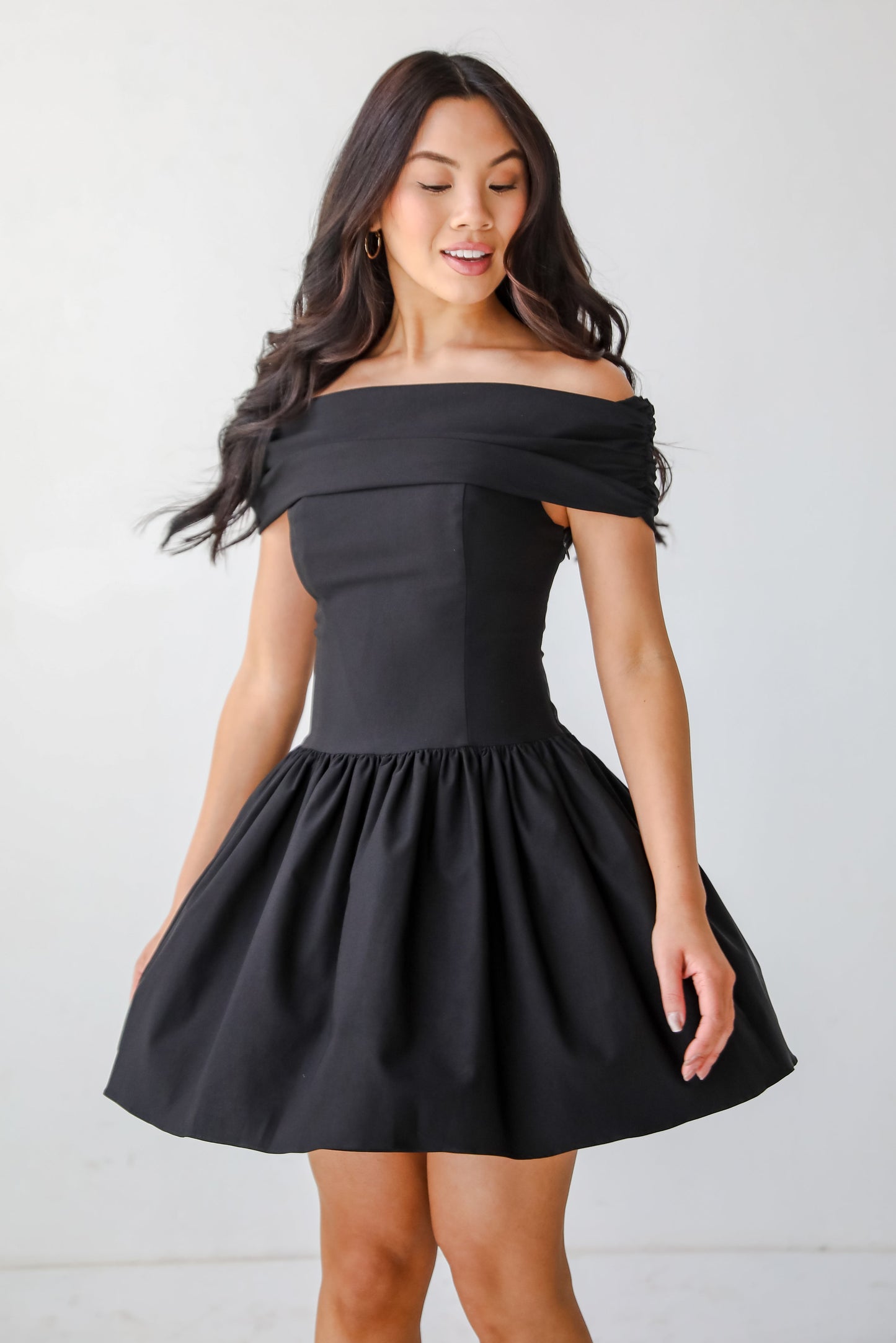 FINAL SALE - Unbelievably Lovely Black Off-The-Shoulder Mini Dress