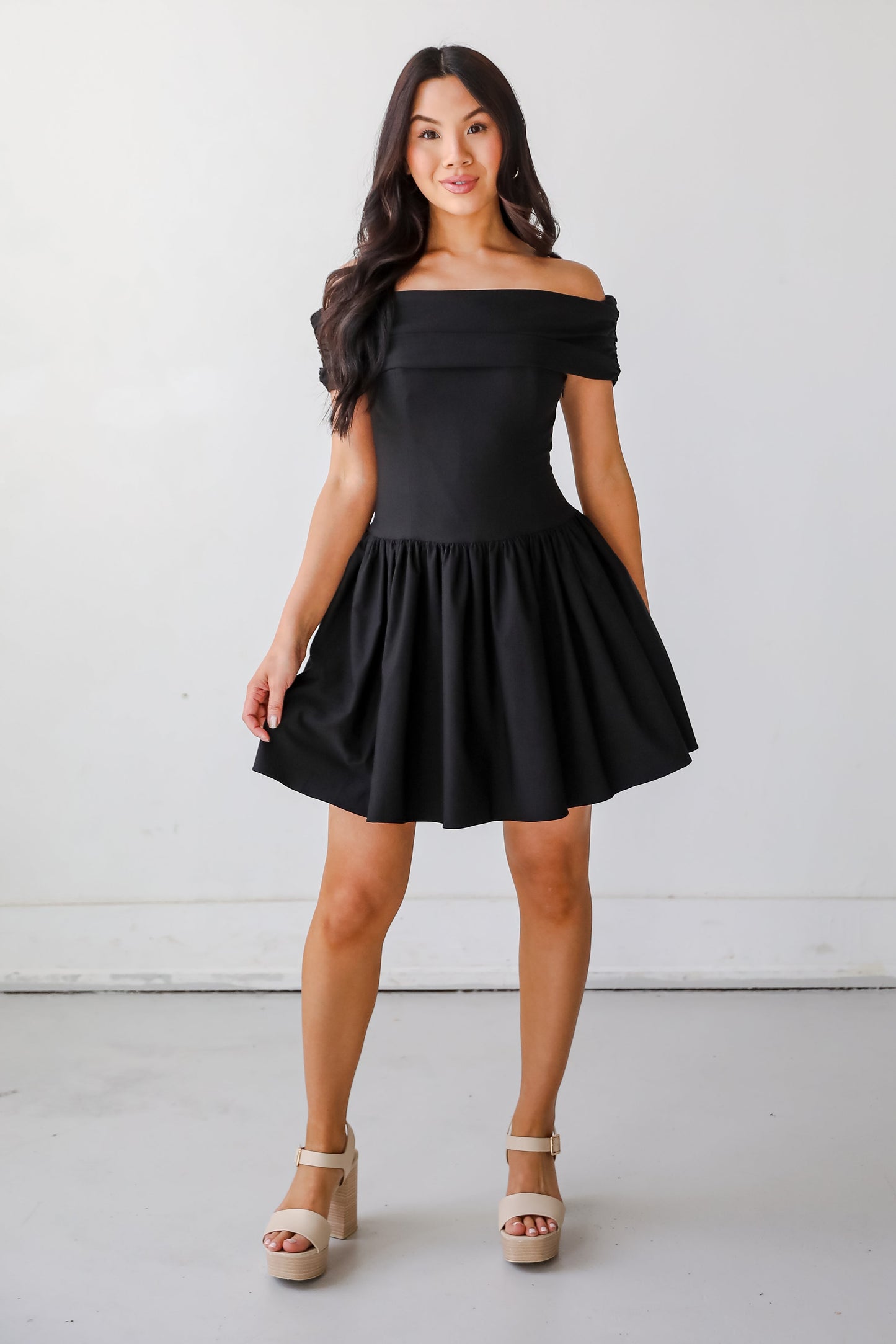 FINAL SALE - Unbelievably Lovely Black Off-The-Shoulder Mini Dress