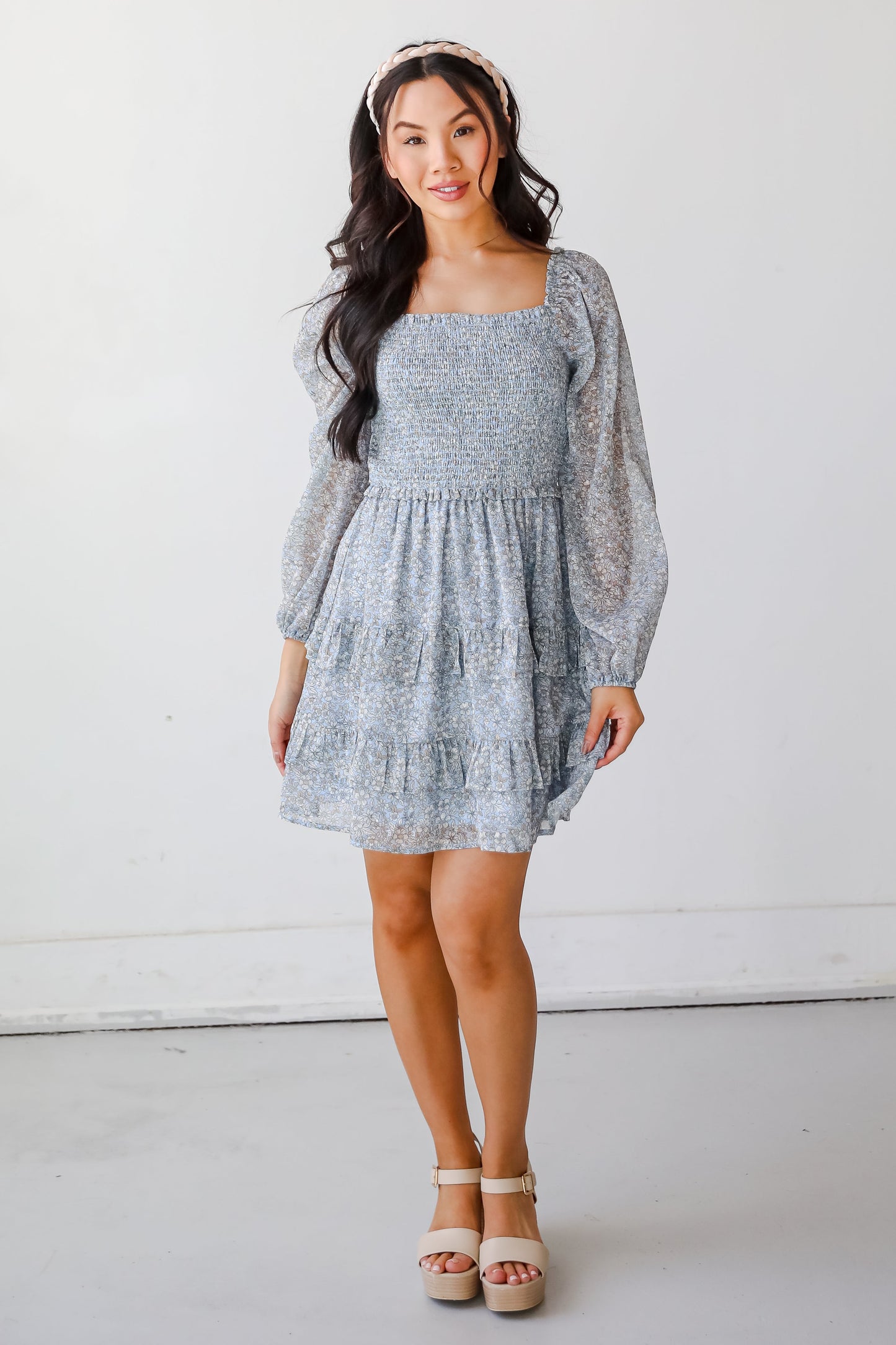 FINAL SALE - Modern Romantic Light Blue Floral Smocked Mini Dress