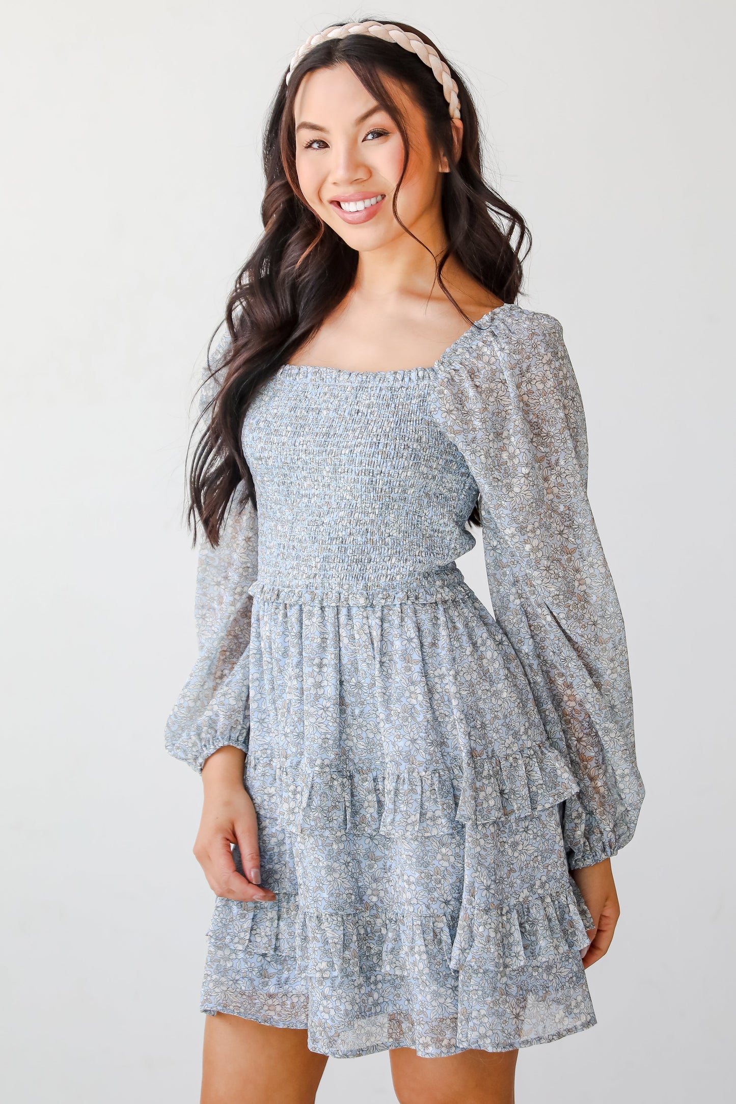 FINAL SALE - Modern Romantic Light Blue Floral Smocked Mini Dress
