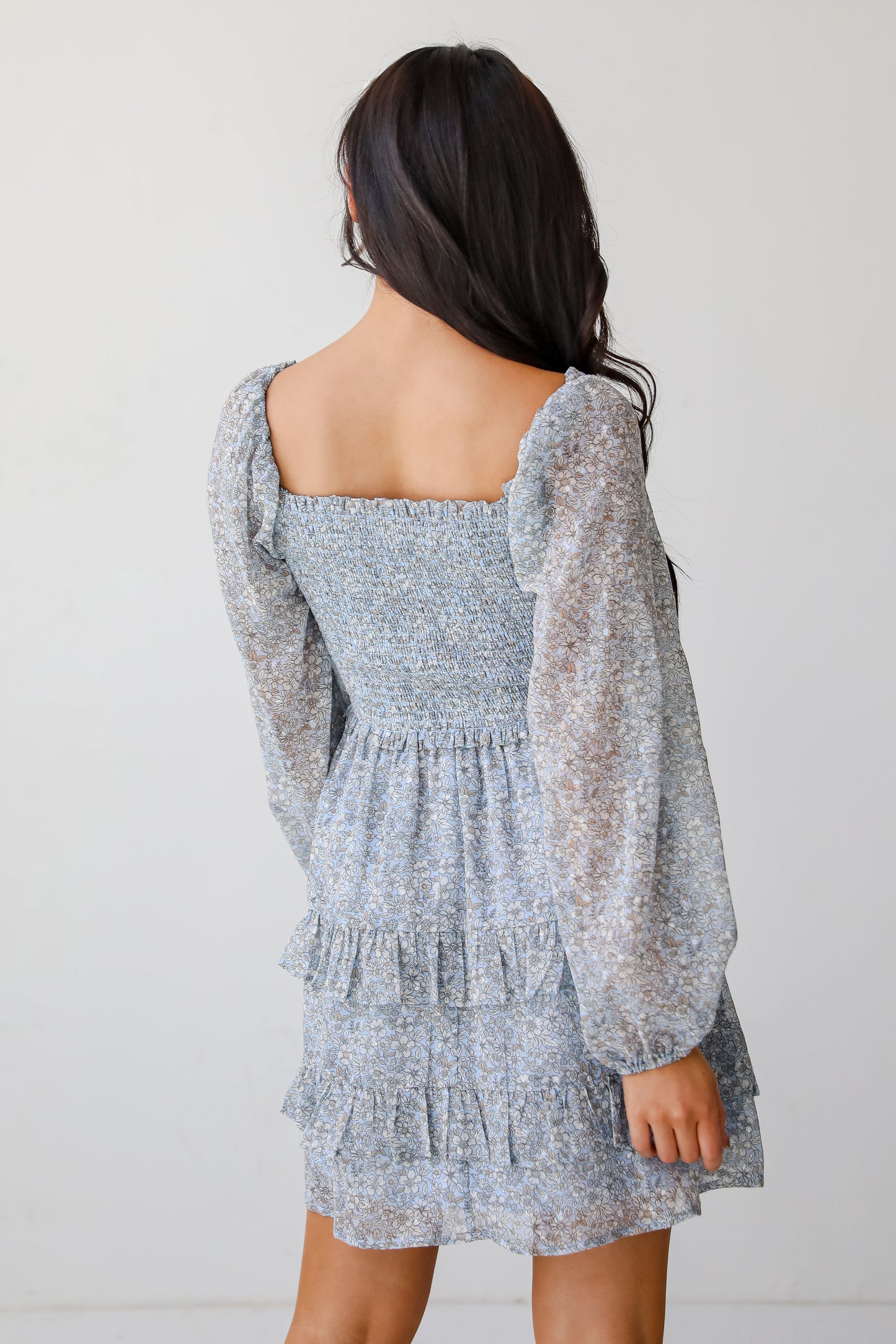 FINAL SALE - Modern Romantic Light Blue Floral Smocked Mini Dress