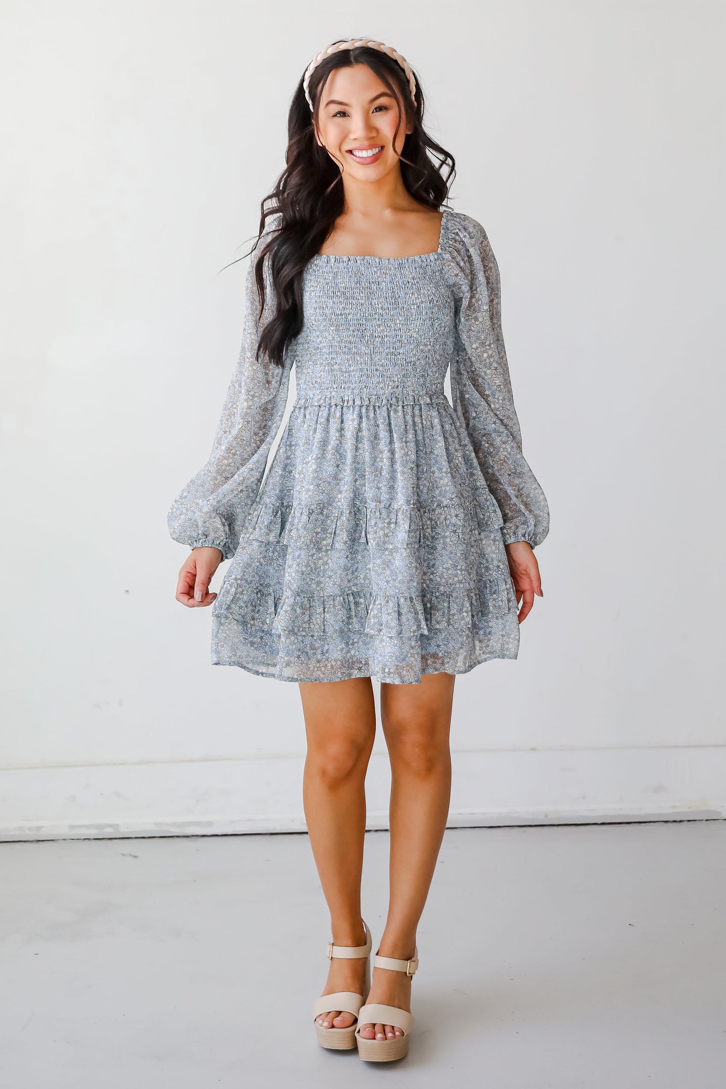 FINAL SALE - Modern Romantic Light Blue Floral Smocked Mini Dress